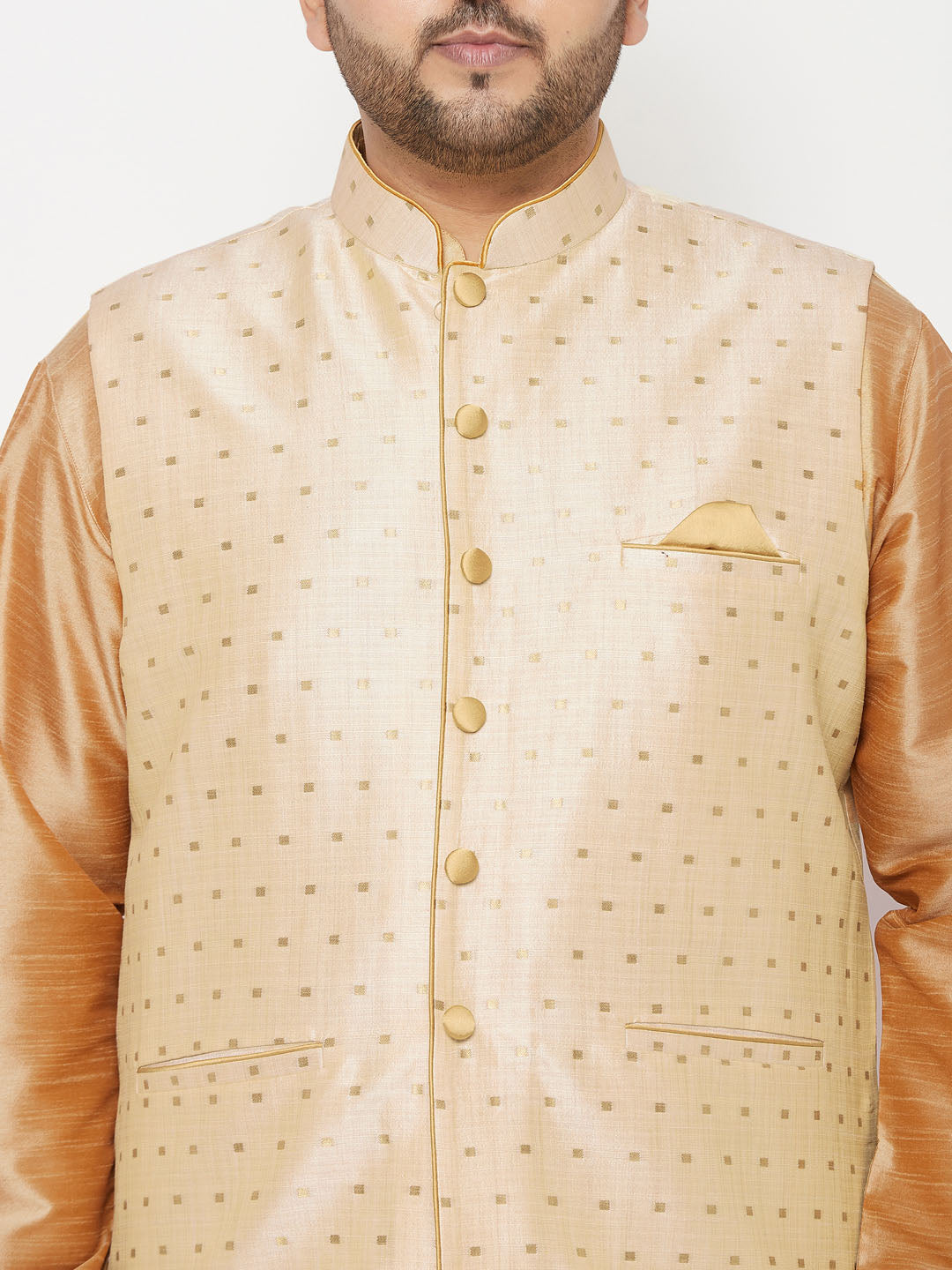 Vastramay plus mens gold woven design nehru jacket with rose gold kurta and dhoti set