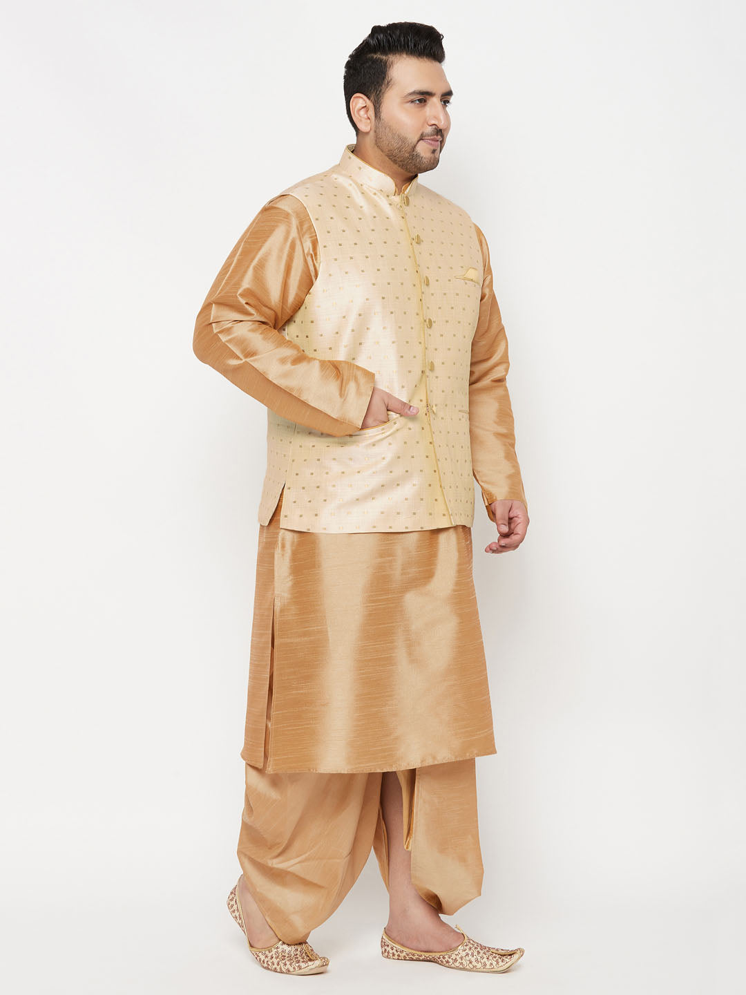 Vastramay plus mens gold woven design nehru jacket with rose gold kurta and dhoti set