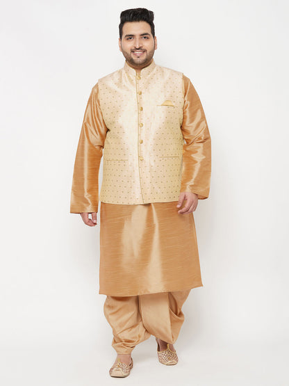 Vastramay PLUS Men's Gold Zari Weaved Nehru Jacket With Kurta Dhoti set