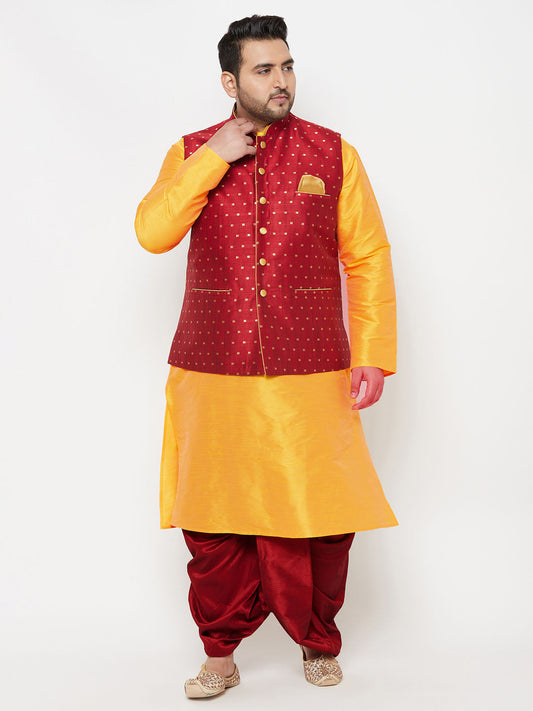 Vastramay plus mens maroon nehru jacket with yellow kurta and maroon dhoti set 1