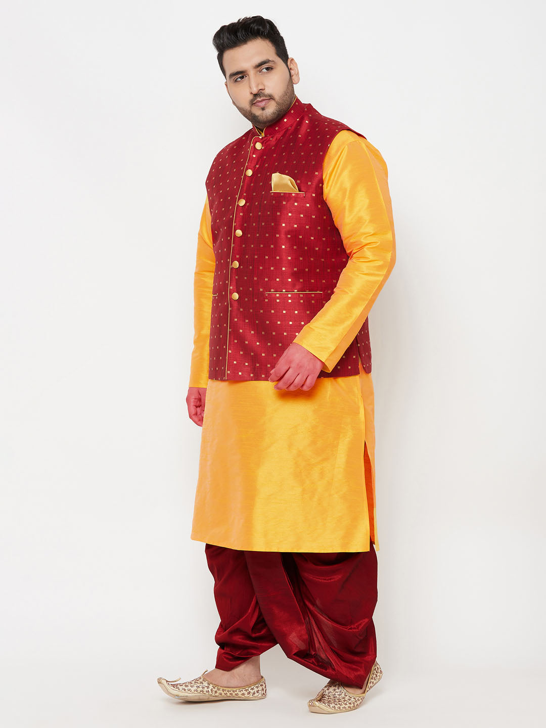 Vastramay plus mens maroon nehru jacket with yellow kurta and maroon dhoti set 1