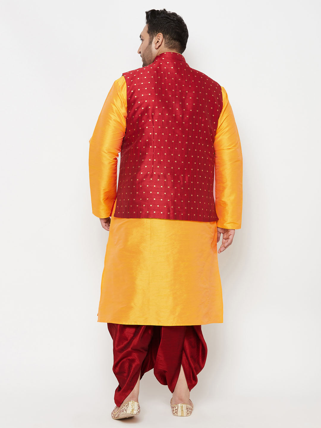 Vastramay plus mens maroon nehru jacket with yellow kurta and maroon dhoti set 1