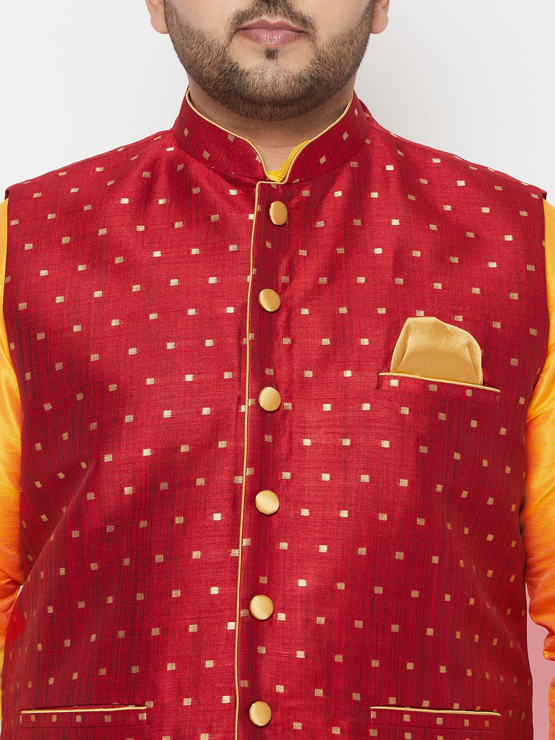 Vastramay plus mens maroon nehru jacket with yellow kurta and maroon dhoti set 1