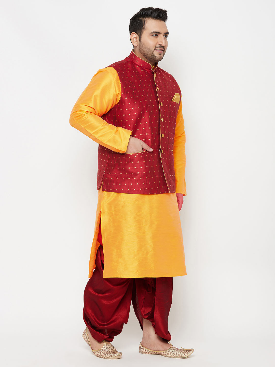 Vastramay plus mens maroon nehru jacket with yellow kurta and maroon dhoti set 1