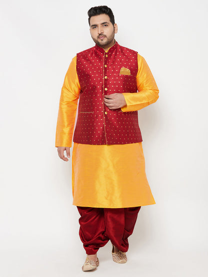 Vastramay PLUS Men's Maroon Zari Weaved Nehru Jacket With Kurta Dhoti set