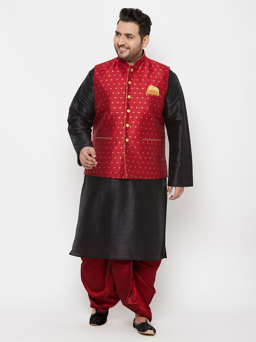 Vastramay plus mens maroon nehru jacket with black kurta and maroon dhoti set 1