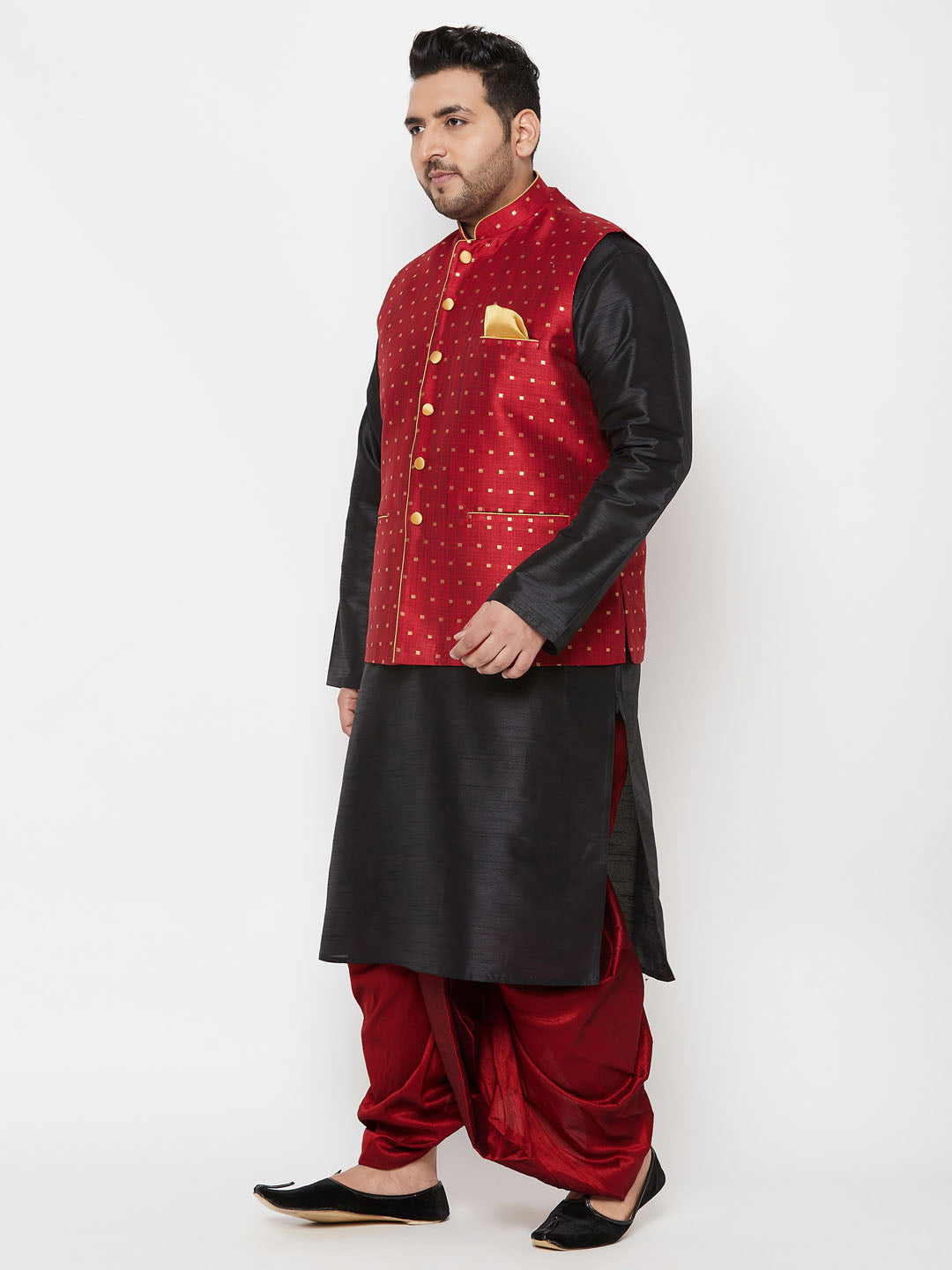 Vastramay plus mens maroon nehru jacket with black kurta and maroon dhoti set 1