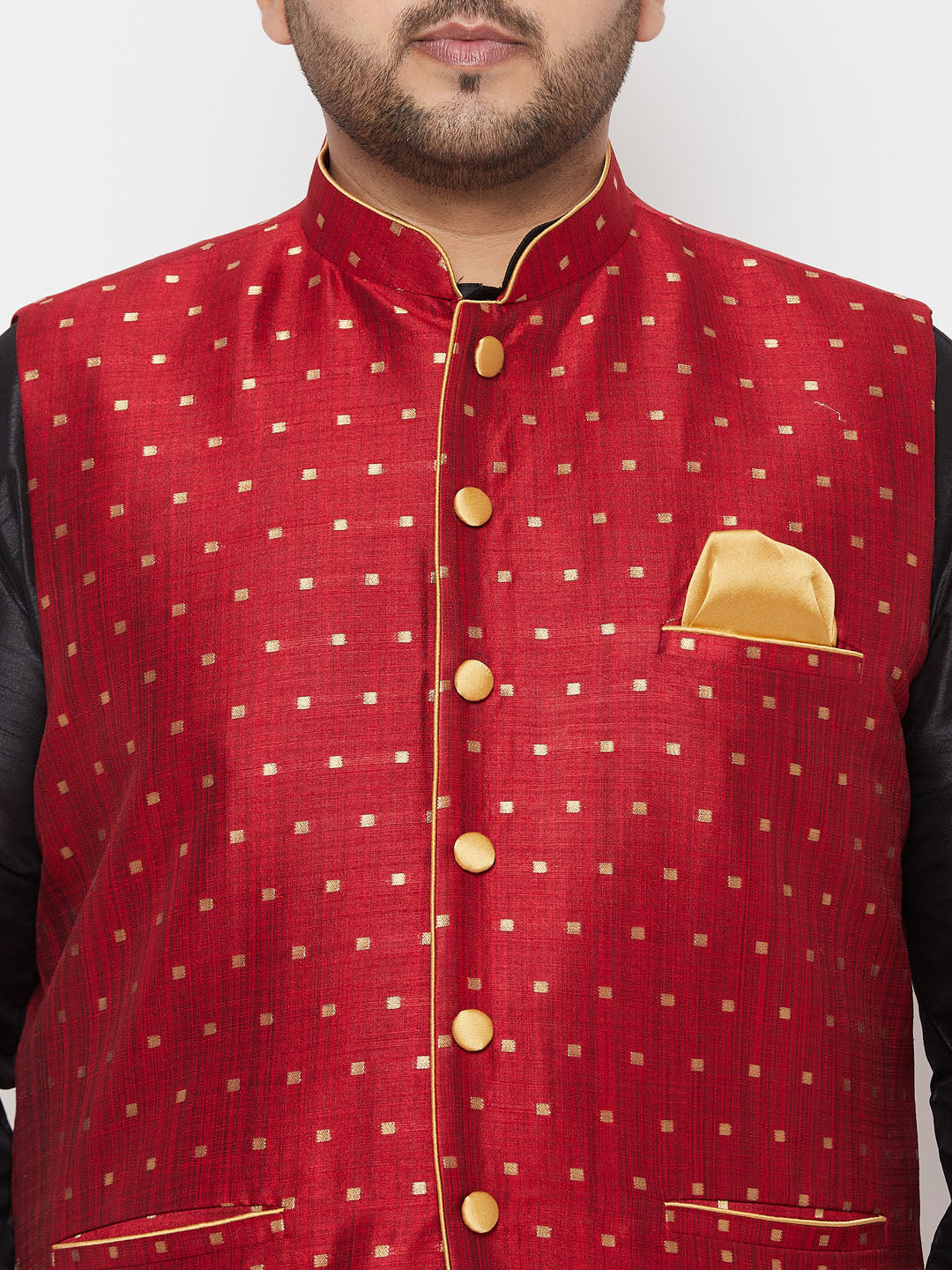 Vastramay plus mens maroon nehru jacket with black kurta and maroon dhoti set 1