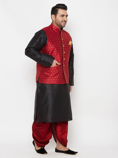 Vastramay plus mens maroon nehru jacket with black kurta and maroon dhoti set 1