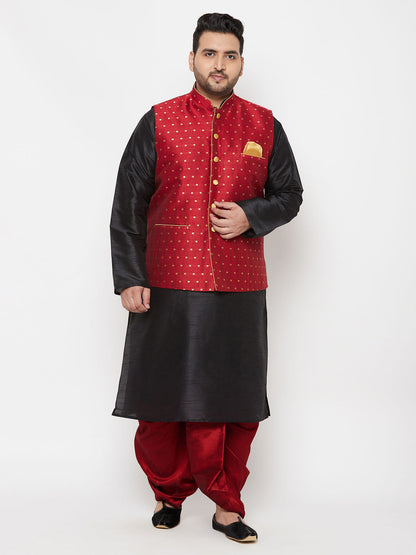 Vastramay PLUS Men's Maroon Zari Weaved Nehru Jacket With Kurta Dhoti set