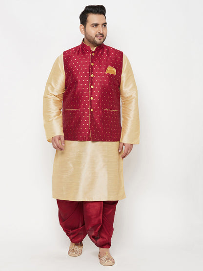 Vastramay plus mens maroon nehru jacket with rose gold kurta and maroon dhoti set