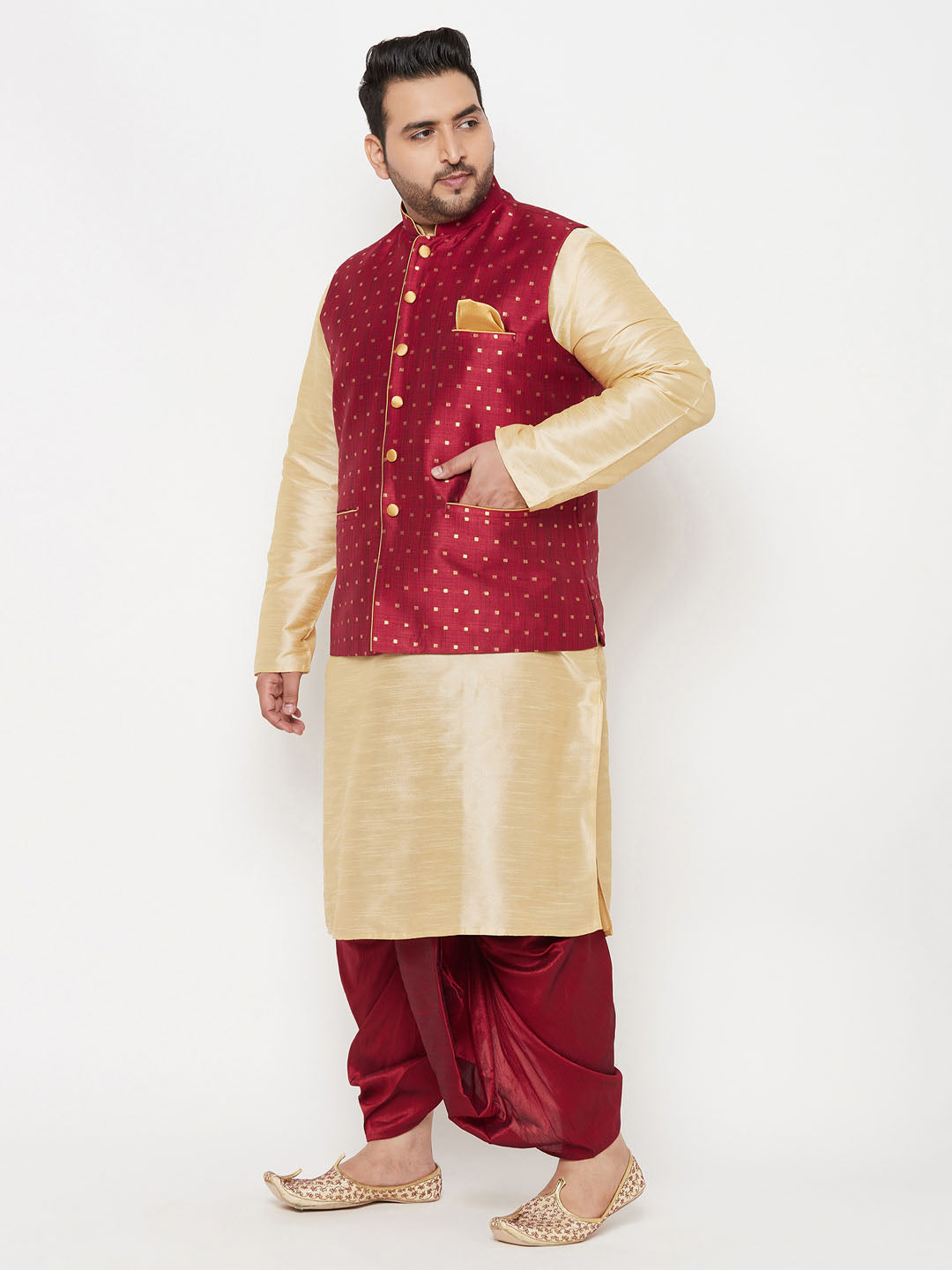 Vastramay plus mens maroon nehru jacket with rose gold kurta and maroon dhoti set