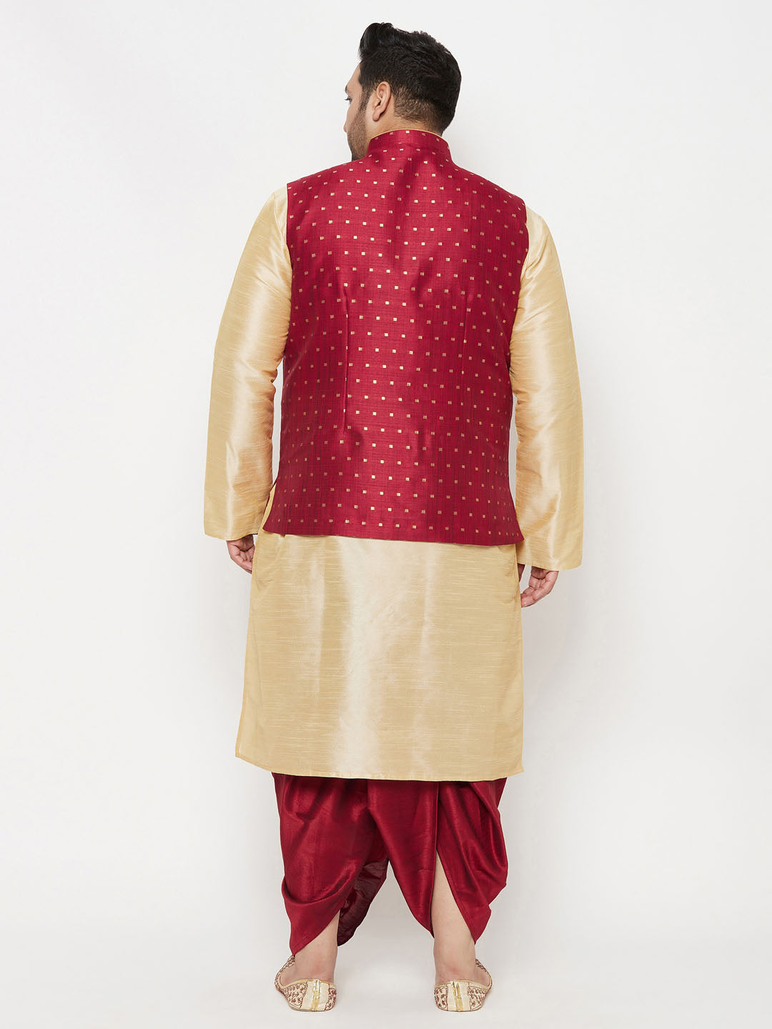 Vastramay plus mens maroon nehru jacket with rose gold kurta and maroon dhoti set