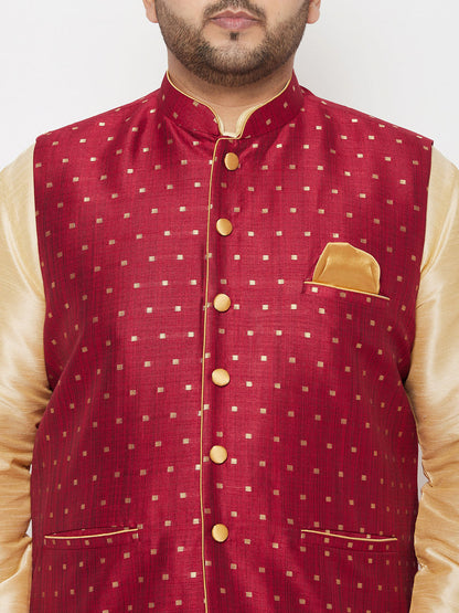 Vastramay plus mens maroon nehru jacket with rose gold kurta and maroon dhoti set