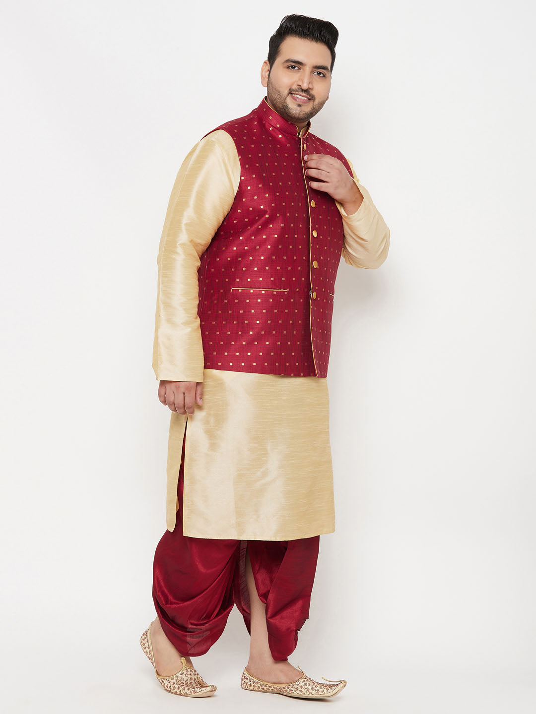 Vastramay plus mens maroon nehru jacket with rose gold kurta and maroon dhoti set