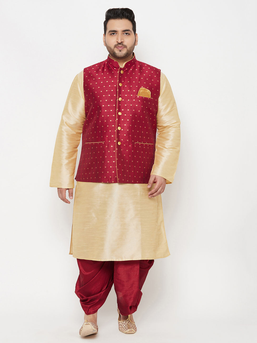 Vastramay PLUS Men's Maroon Zari Weaved Nehru Jacket With Kurta Dhoti set