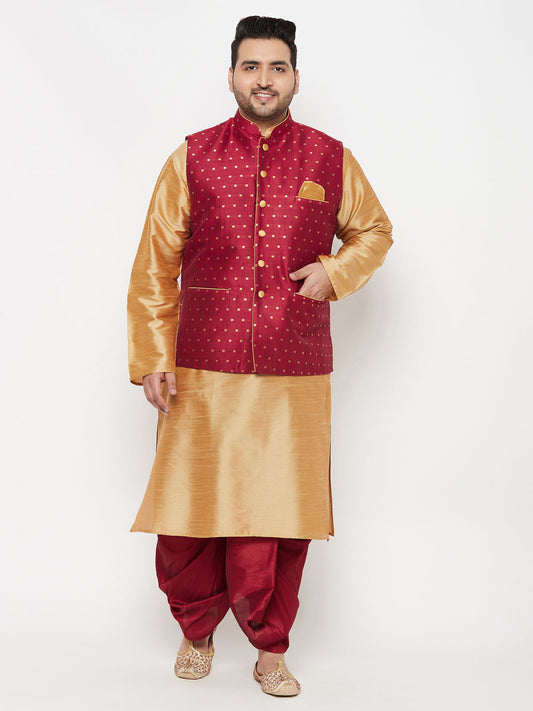 copy of Vastramay plus mens maroon nehru jacket with yellow kurta and maroon dhoti set