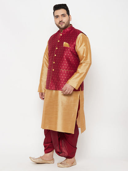 copy of Vastramay plus mens maroon nehru jacket with yellow kurta and maroon dhoti set