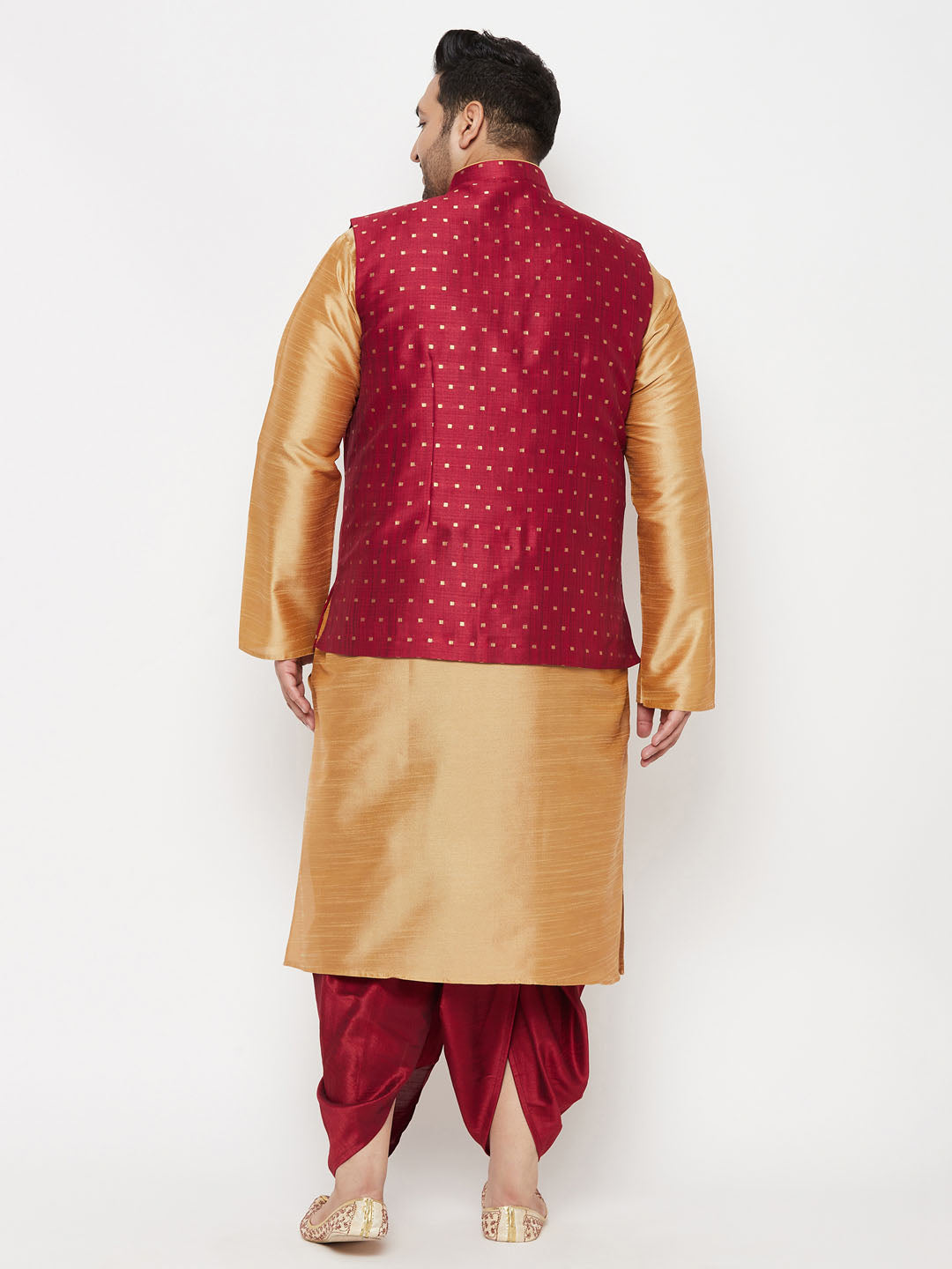 copy of Vastramay plus mens maroon nehru jacket with yellow kurta and maroon dhoti set