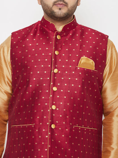 copy of Vastramay plus mens maroon nehru jacket with yellow kurta and maroon dhoti set