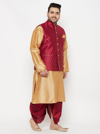 copy of Vastramay plus mens maroon nehru jacket with yellow kurta and maroon dhoti set