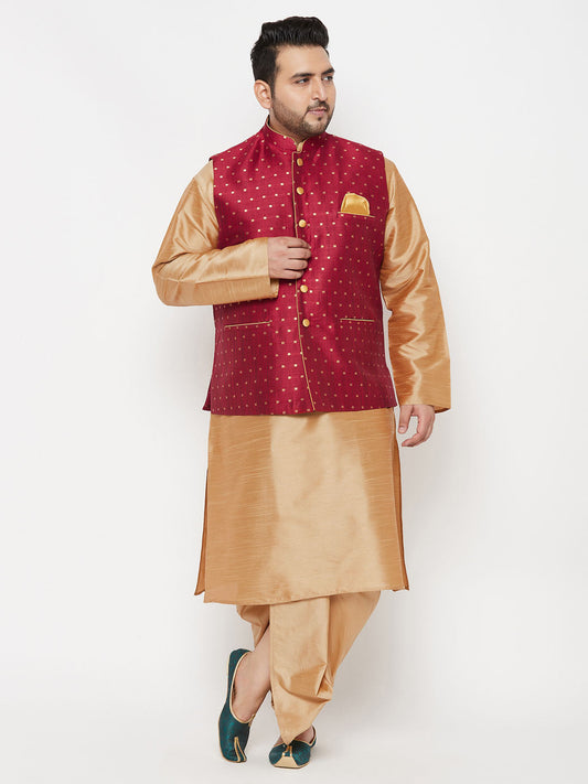 Vastramay plus mens maroon woven design nehru jacket with rose gold kurta and dhoti set