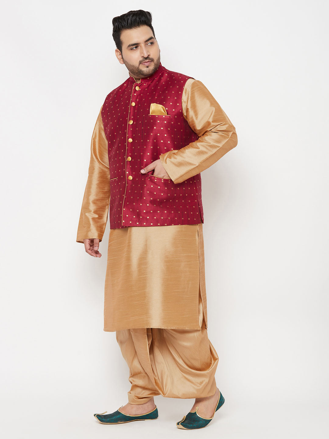 Vastramay plus mens maroon woven design nehru jacket with rose gold kurta and dhoti set