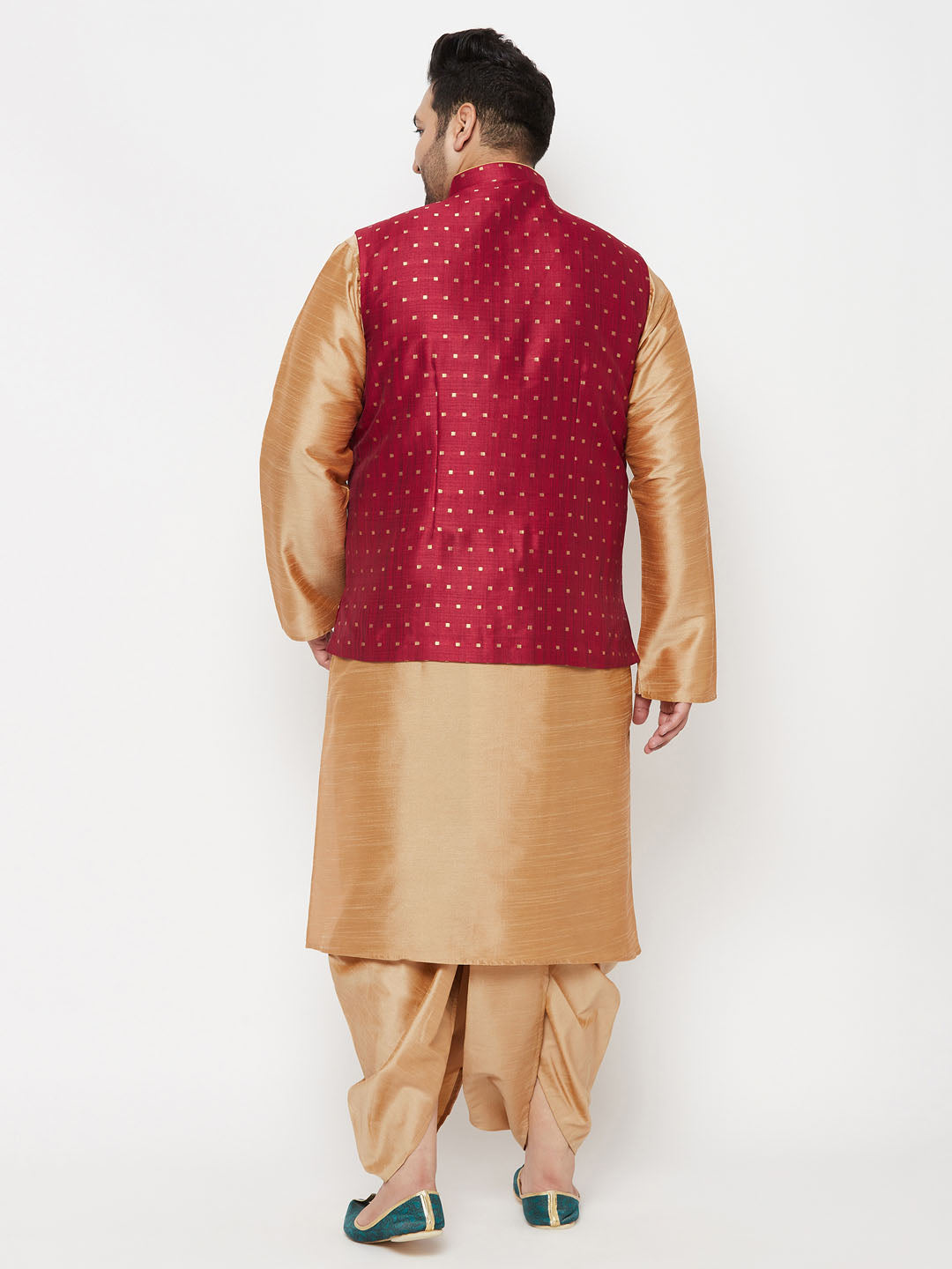 Vastramay plus mens maroon woven design nehru jacket with rose gold kurta and dhoti set