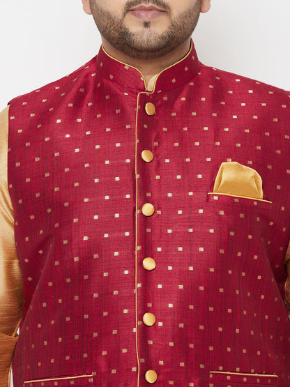 Vastramay plus mens maroon woven design nehru jacket with rose gold kurta and dhoti set