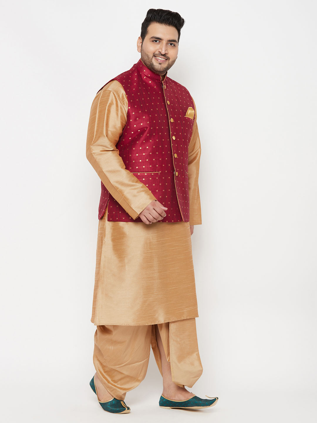 Vastramay plus mens maroon woven design nehru jacket with rose gold kurta and dhoti set