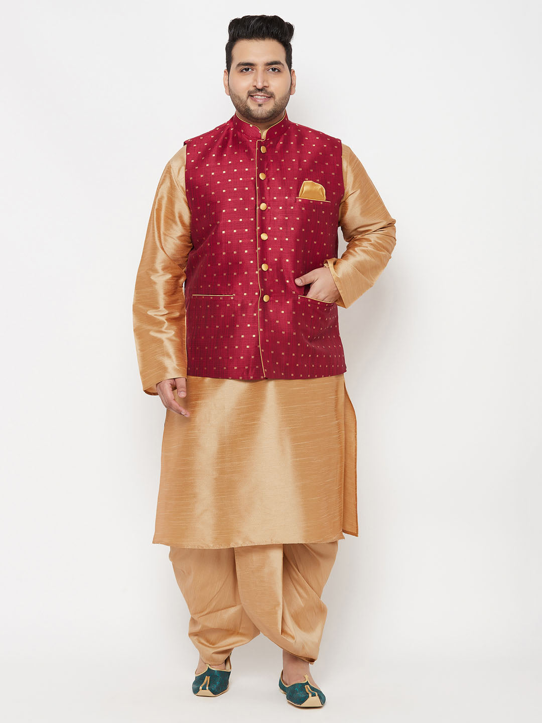 Vastramay PLUS Men's Maroon Zari Weaved Nehru Jacket With Kurta Dhoti set