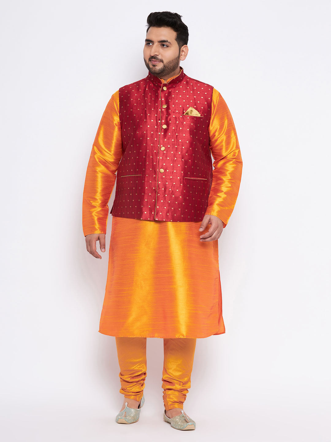 VASTRAMAY Men's Plus Size Maroon Zari Weaved Nehru Jacket With Kurta Pyjama set