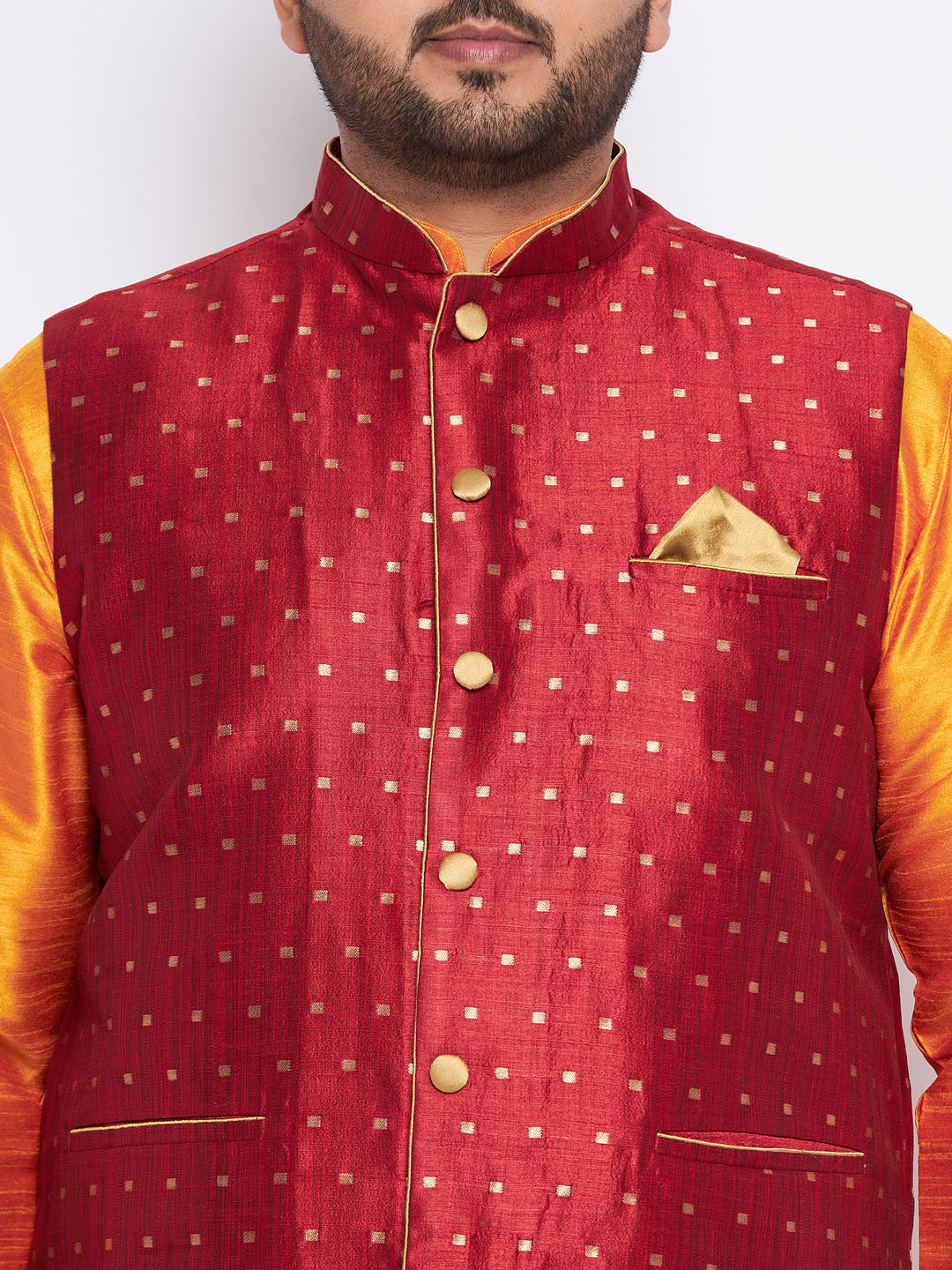 VASTRAMAY Men's Plus Size Maroon Zari Weaved Nehru Jacket With Kurta Pyjama set