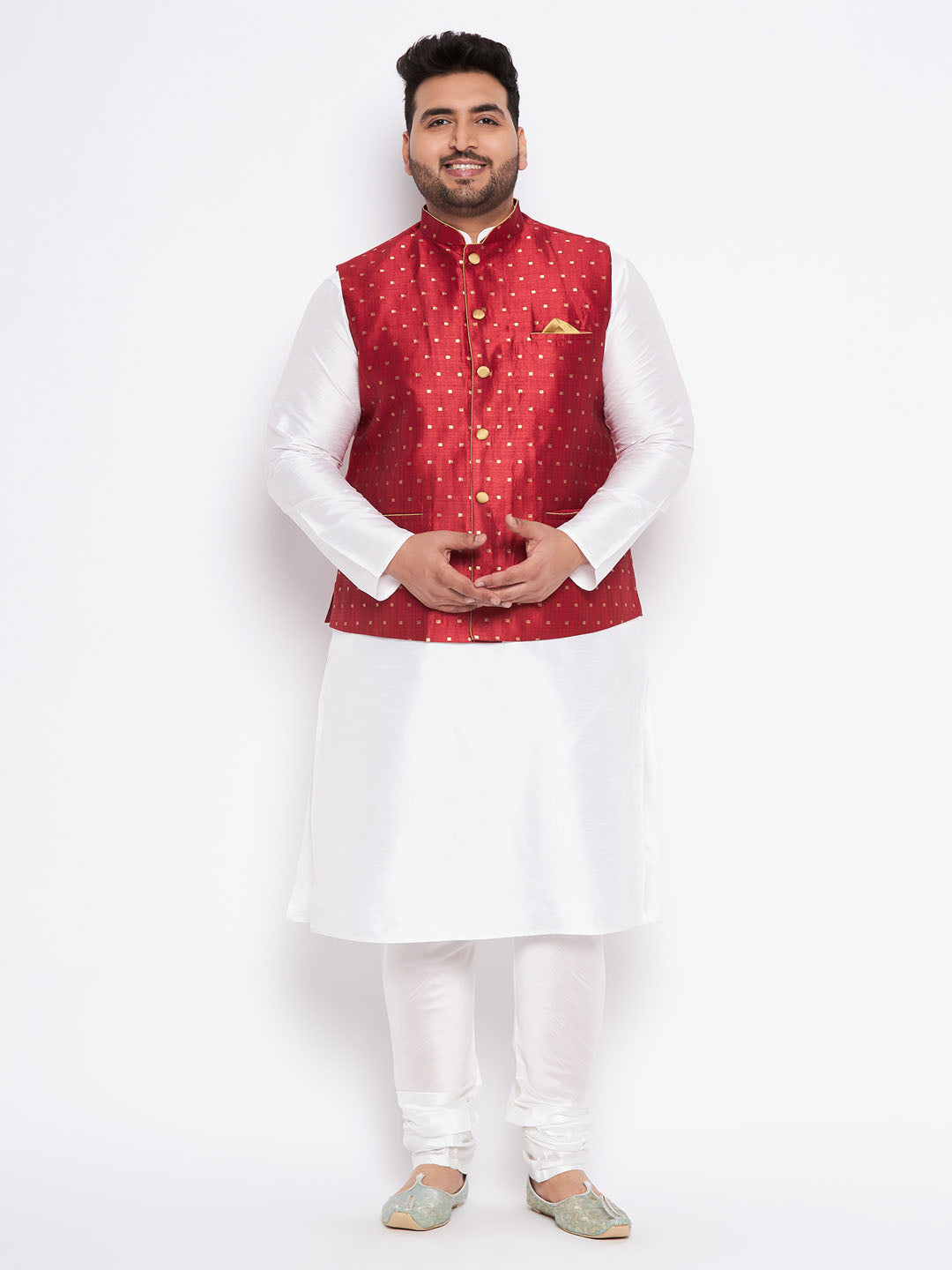 VASTRAMAY Men's Plus Size Maroon Zari Weaved Nehru Jacket With Kurta Pyjama set