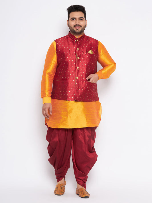 VASTRAMAY Men's Plus Size Maroon Zari Weaved Nehru Jacket With Curved Kurta Dhoti set