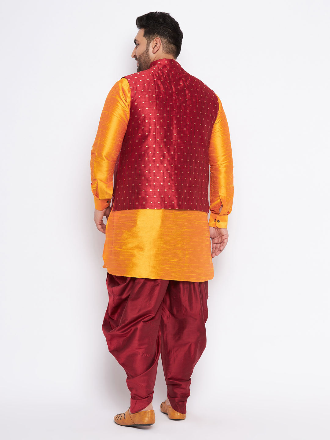 VASTRAMAY Men's Plus Size Maroon Zari Weaved Nehru Jacket With Curved Kurta Dhoti set