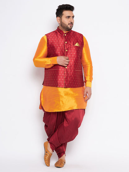 VASTRAMAY Men's Plus Size Maroon Zari Weaved Nehru Jacket With Curved Kurta Dhoti set