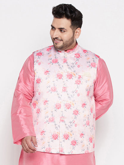 Vastramay mens plus size peach color floral print silk blend nehru jacket