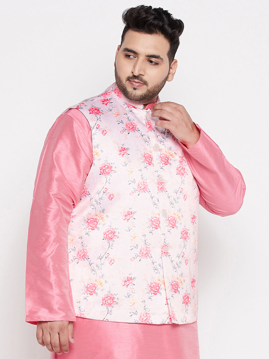 Vastramay mens plus size peach color floral print silk blend nehru jacket