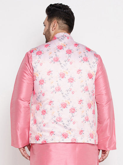 Vastramay mens plus size peach color floral print silk blend nehru jacket