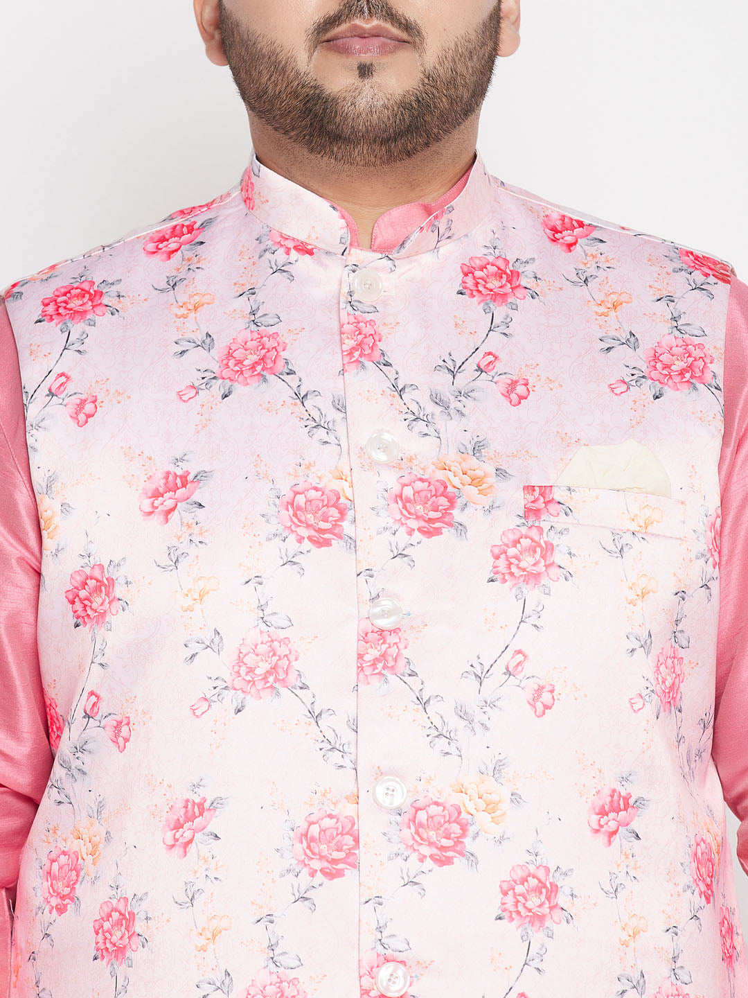 Vastramay mens plus size peach color floral print silk blend nehru jacket