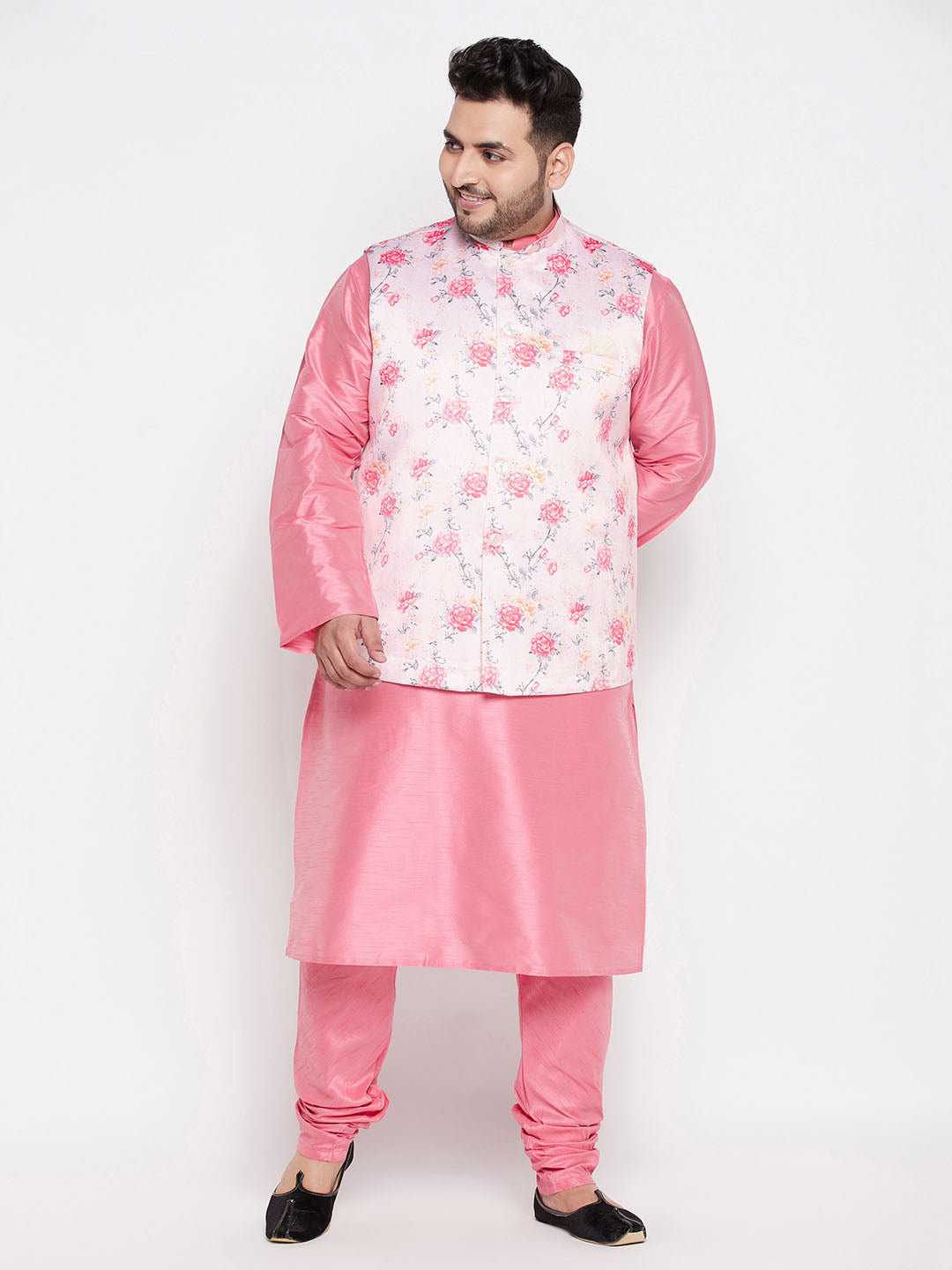 Vastramay mens plus size peach color floral print silk blend nehru jacket