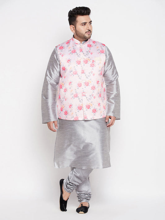 Vastramay mens plus size peach color floral printed jacket with gray color solid kurta pyjama set