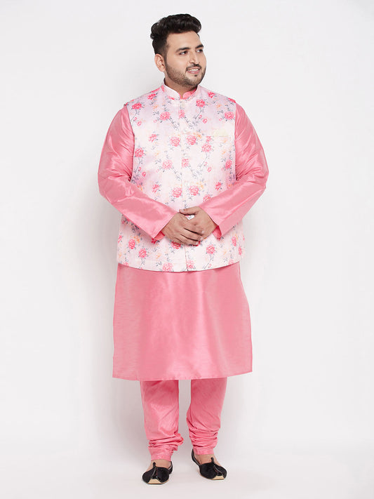 Vastramay mens plus size peach color floral printed jacket with pink solid kurta pyjama set