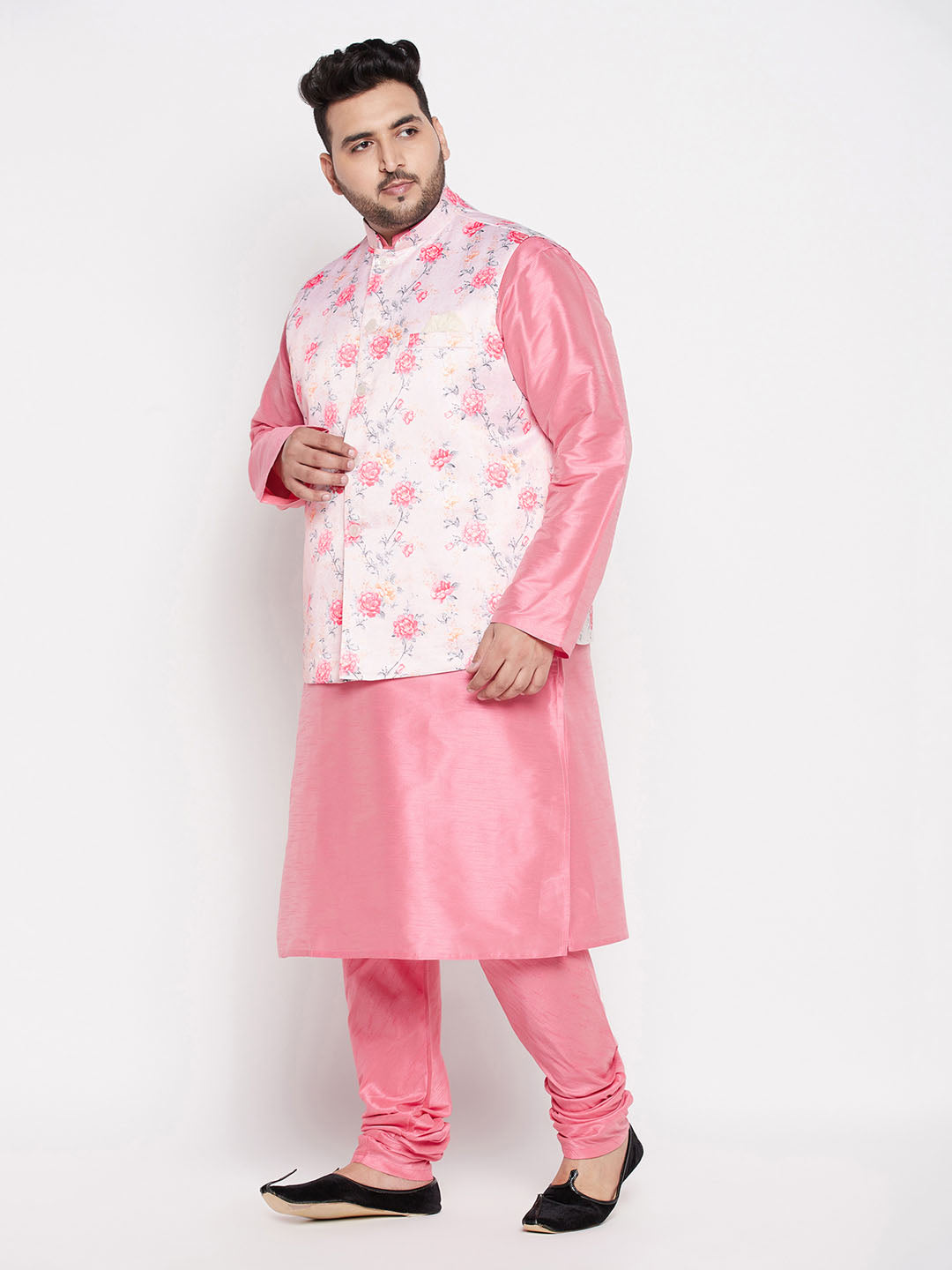 Vastramay mens plus size peach color floral printed jacket with pink solid kurta pyjama set