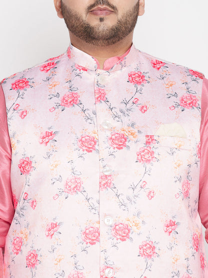 Vastramay mens plus size peach color floral printed jacket with pink solid kurta pyjama set