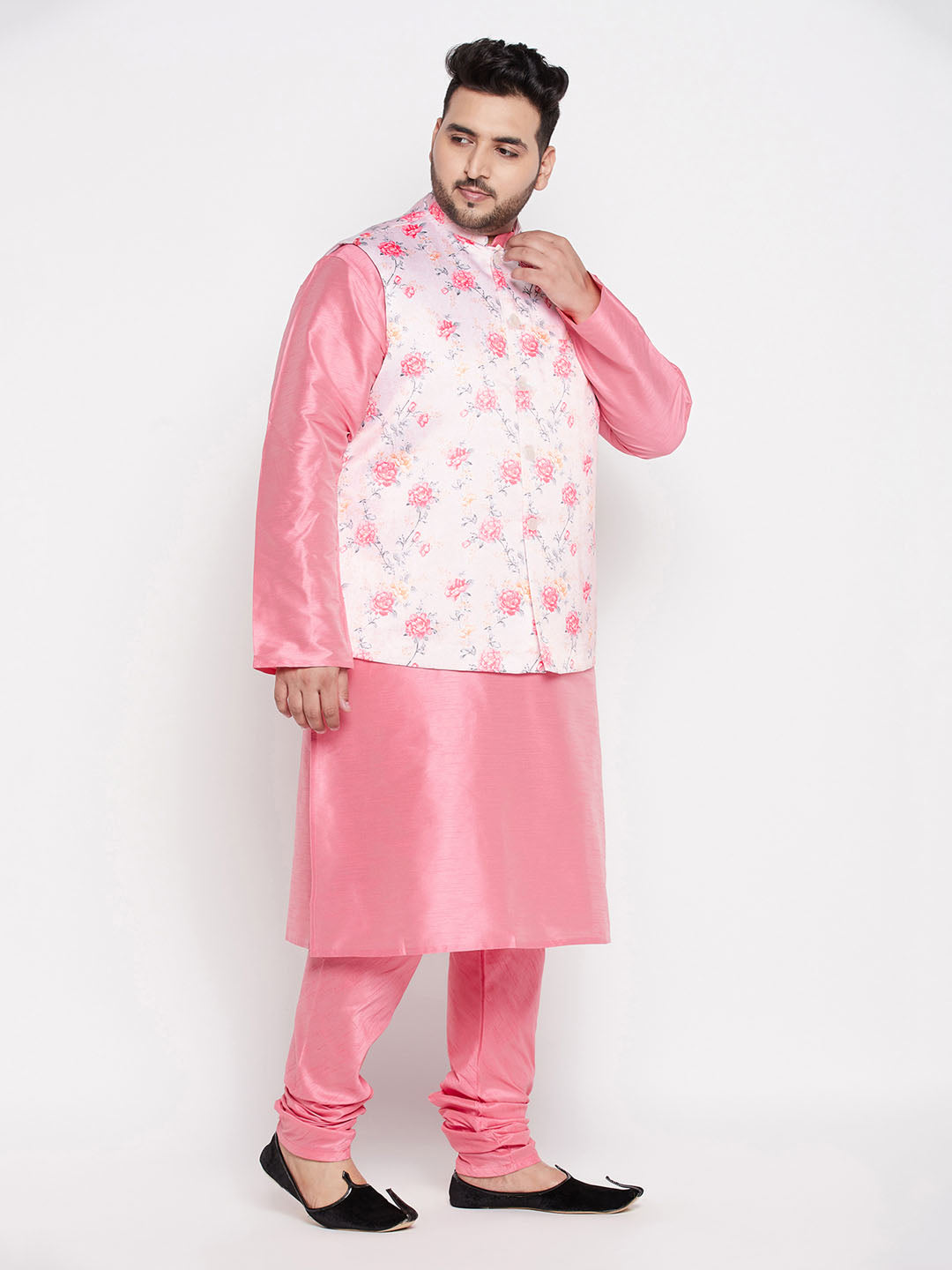 Vastramay mens plus size peach color floral printed jacket with pink solid kurta pyjama set