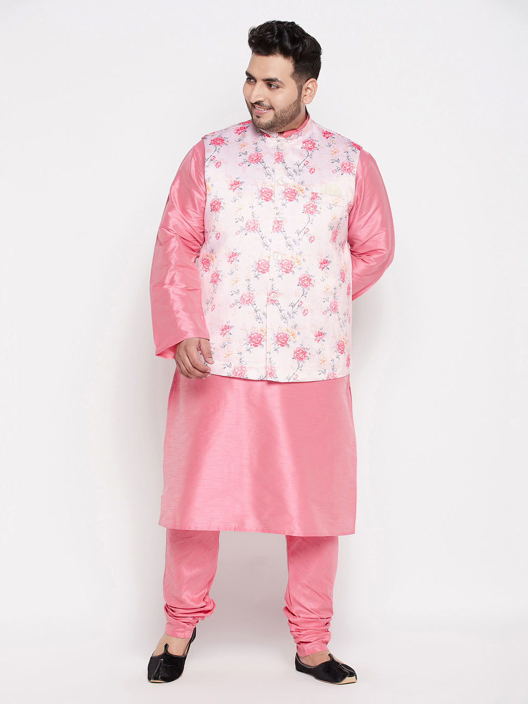 Vastramay Men's Plus Size Peach Floral printed Jacket With Pink Solid Kurta Pyjama Set