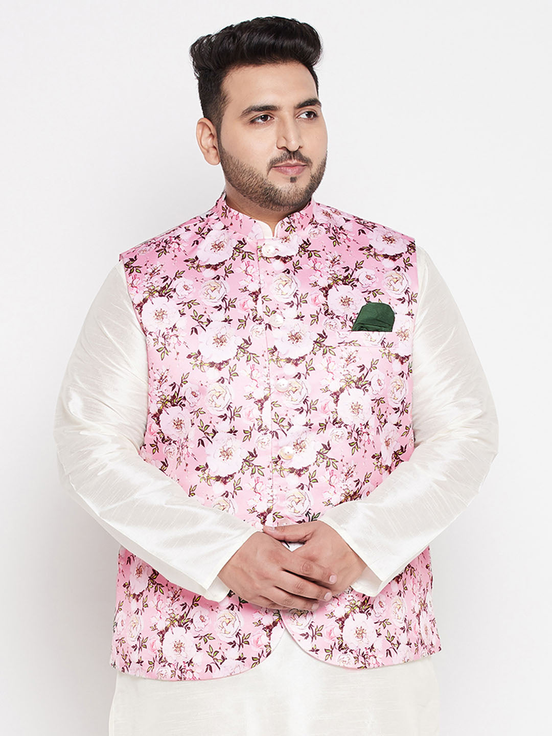 Vastramay mens plus size pink color floral print silk blend nehru jacket