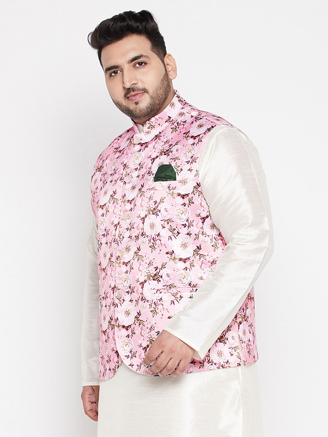 Vastramay mens plus size pink color floral print silk blend nehru jacket